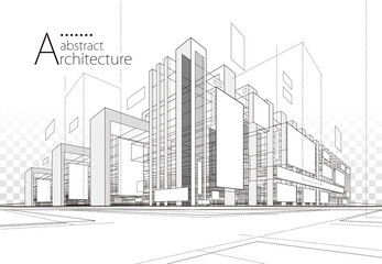 Aufkleber - 3D illustration linear drawing. Imagination architecture urban building design, architecture modern abstract background. 