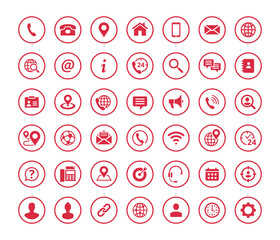 Leinwandbilder - Set of 42 solid contact icons in circle shape. Red vector symbols.