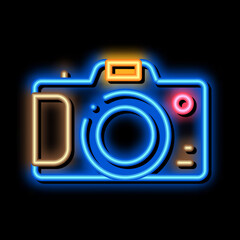 Wall Mural - Camera neon light sign vector. Glowing bright icon Camera sign. transparent symbol illustration