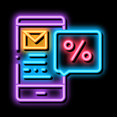 Wall Mural - Phone Message about Percent neon light sign vector. Glowing bright icon Phone Message about Percent sign. transparent symbol illustration