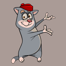 Cartoon Gray Cat In A Red Cap Shows Two Paws To The Side