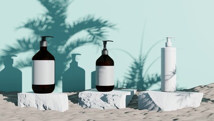 3d rendering of perfumery and cosmetics products display for the creation of Mockups in stone and blue background with shadows of plants in the background.