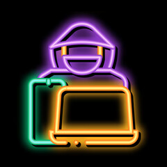 Poster - Theft of Technology Laptop, Smartphone neon light sign vector. Glowing bright icon Theft of Technology Laptop, Smartphone sign. transparent symbol illustration