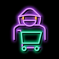 Poster - Shopping Cart Thief neon light sign vector. Glowing bright icon Shopping Cart Thief Sign. Isolated Contour Symbol Illustration