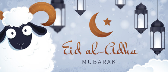 Wall Mural - Muslim holiday Eid al-Adha. White ram and hanging lamps. Islamic greeting card, poster, banner or flyer. 