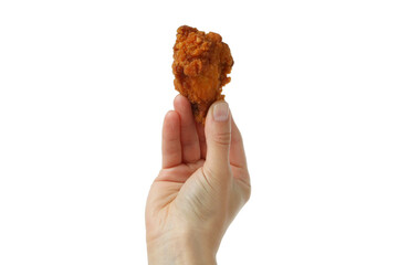 Wall Mural - Female hand holds fried chicken, isolated on white background