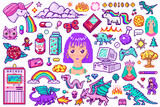 Fototapeta Młodzieżowe - Pixel art 8 bit objects. Retro digital game assets. Set of Pink fashion icons. Vintage stickers for girl. Arcades Computer video and characters. Pony rainbow unicorn dragon. Vector illustration.
