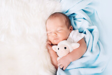 Newborn Sleep At First Days Of Life. Portrait Of New Born Baby One Week Old With Cute Soft Toy In Crib In Cloth Background.