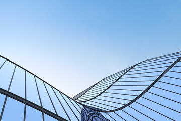 Poster - Low angle view of futuristic architecture, Skyscraper of office building with curve glass window, 3D rendering.