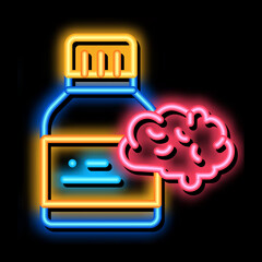 Sticker - Bottle Pills Brain neon light sign vector. Glowing bright icon Bottle Pills Brain sign. transparent symbol illustration