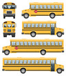School buses vector template with simple colors without gradients and effects. View from side, front and back