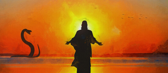 Silhouette of the Messiah on the background of the sunset, wide panoramic view. Artistic work on the theme of religion