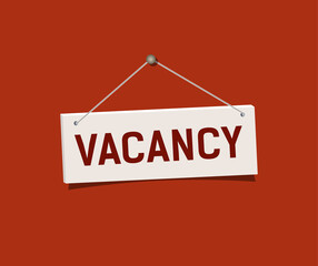 Vacancy sign hanging on red wall. Realistic sign