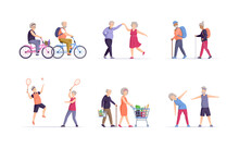 Set Of Diverse Old People Activity. Happy Elderly Man And Woman Healthy Active Lifestyle Retiree For Grandparents. Dancing, Biking, Hiking, Tennis, Shopping, Doing Fitness