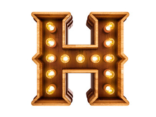 Sticker - Letter H with realistic light bulbs and wood isolated on white background. 3D illustration.