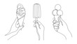 One line ice cream. Continuous line summer cold desserts, female hand holding sweet popsicle. Vector trendy monoline concept
