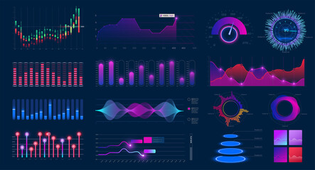 Fototapete - Admin dashboard charts. Infographic web page, data graphic UI,UX, KIT screen cards and statistic chart diagrams. Futuristic neon ui infographics digital illustration on tech panel hud diagram. Vector