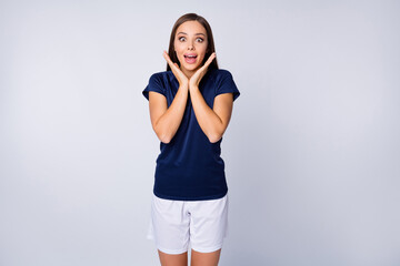 Poster - Portrait of her she nice-looking attractive lovely pretty amazed cheerful cheery girlish straight-haired girl great news reaction isolated on light white gray pastel color background