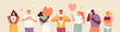 Smiling people expressing love with hearts in their hands. Valentine's Day. Love and greeting. Volunteering concept. Vector illustration