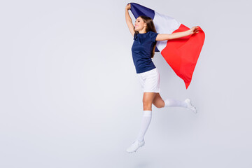 Poster - Full length body size view of nice attractive lovely cheerful dreamy straight-haired girl jumping holding in hand french flag running walking isolated over light white gray pastel color background