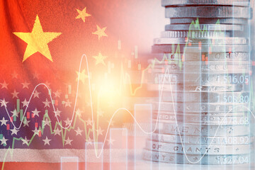 Wall Mural - Double exposure of USA and China flag on coins stacking .It is symbol of economic crisis during tensions between USA and China tariff trade war.