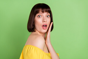 Wall Mural - Photo of shocked amazed young woman hold hands cheeks news information isolated on green color background