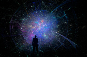 Wall Mural - a science fiction concept of a man, back to camera, looking at fluctuating energy portal. with stars