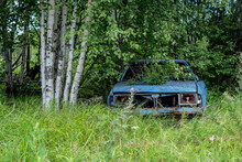Old Car. An Abandoned, Forgotten Car, A Tree Grow Near.