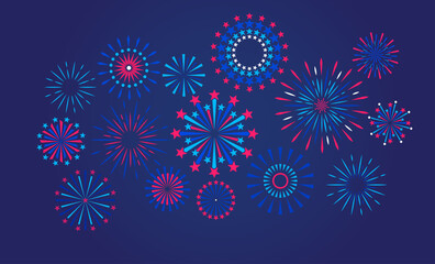 Festive fireworks on a night background. Vector illustration