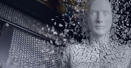Composition of exploding human bust formed with particles and binary coding