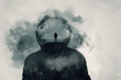 A mental health concept. A mans head covered in clouds. With a double exposure of a mans silhouette over layered on top.