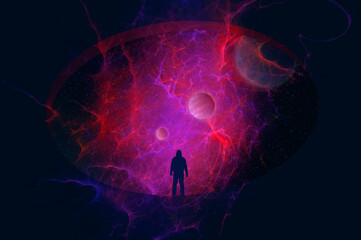 Wall Mural - a man, back to camera, looking out of a portal onto a universe of stars and planets.