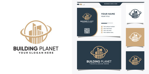 Building planet logo template with linear style and business card design