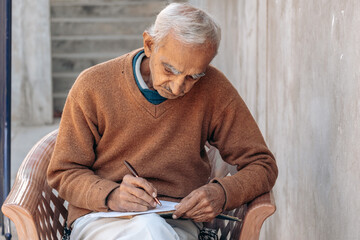 Portrait of retired Indian senior man writing in diary while sitting on chair at home. Old people hobby concept.	
