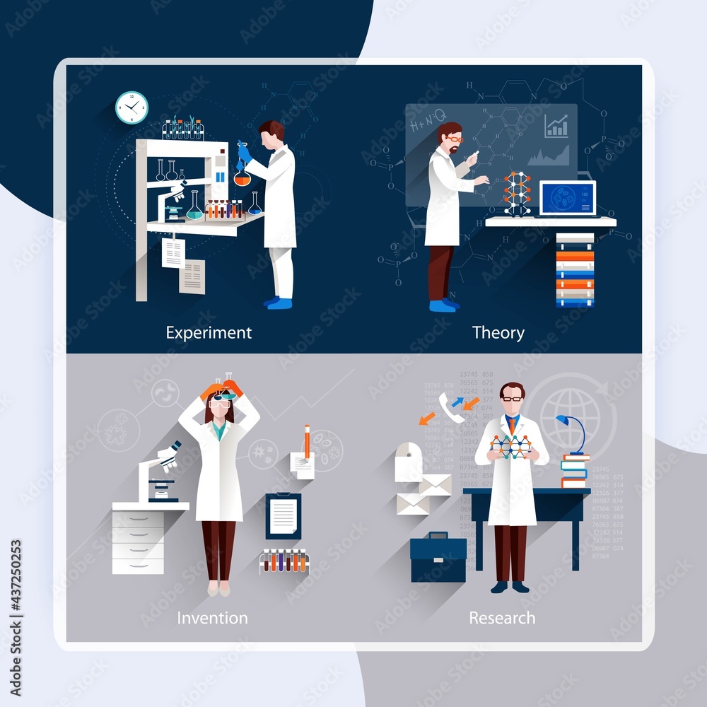 Scientific Invention Icon Science design concept set with theory experiment research invention ...