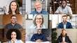 © Vadim Pastuh - Virtual morning meeting. Screen with a many diverse mixed race colleagues or friends engaged in video conference, taking a part in online discussion, working on the project together on the distance
