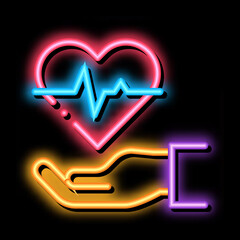 Sticker - Hand Hold Heart neon light sign vector. Glowing bright icon Hand Hold Heart sign. transparent symbol illustration