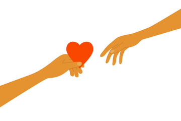 Sharing love. Human hand holds out red heart shape to another person. Charity, volunteer work concept. Giving helping hand for poor or refugees. Happy Valentine day postcard. Love vector illustration