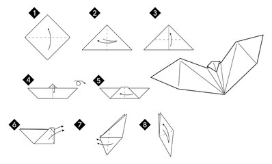 Poster -  How to make origami  bat. Step by step paper DIY instruction. Vector monochrome black line illustration.