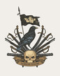 Old heraldic Coat of arms in vintage style with raven, black flag with crown, sabers, swords, cannons and human skull. Vector hand-drawn image, heraldry, emblem, sign, symbol. Inscription Lorem ipsum