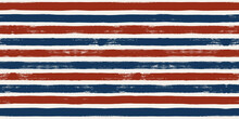 Stripes Seamless Pattern, Red And Blue Patriotic Striped Vector Background, American Watercolor Brush Strokes. USA Colors Grunge Stripes