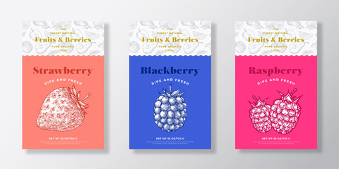 Wall Mural - fruits and berries pattern label templates set. vector packaging design layout collection. modern ty