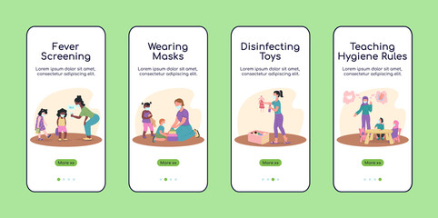 Wall Mural - kindergarten during covid onboarding mobile app screen flat vector template. walkthrough website 4 s