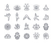 Yoga and meditation practice vector line icons