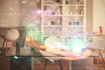 Multi exposure of data theme drawing and office interior background. Concept of technology.