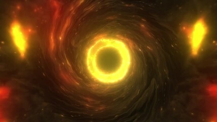 Abstract science technology loop background. Luminous swirling orange plasma gas cloud to blackhole transformation with bright center ring Halo around. 4K 3D seamless loop glowing gold black hole.