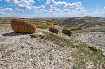 Wall Mural - Three large concretion boulders at Red Rock Coulee natural area near Seven Persons, Alberta, Canada