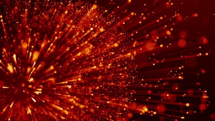 Wall Mural - 4k 3d animation with light effects. red yellow particles float in liquid and glisten with light rays