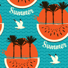 Summer seamless pattern with silhouettes of palm trees, big red sun, watermelon slices and seagulls on a blue backdrop with waves. Tropical vector background, Wallpaper design, wrapping paper, fabric