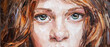Close-up portrait of a red-haired girl. A woman with a large head of curly hair. Oil painting on canvas.